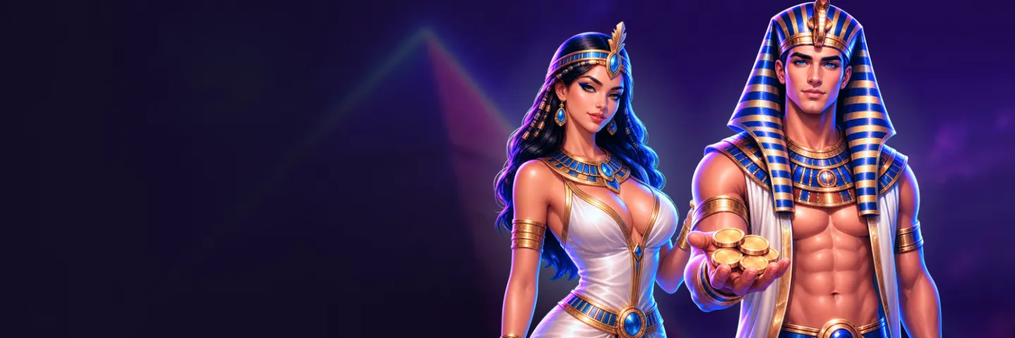 Vulkan Vegas – pachet de bun venit Vulkan Vegas – banner cu Cleopatra și faraonul, pachet de bun venit de 6.000 RON și 150 de rotiri gratuite
